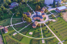 Bird's eye view of Hermitage Waghäuse in the evening light in Waghäusel in the state Baden-Wuerttemberg, Germany