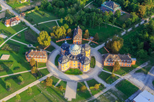 Drone recording of Hermitage Waghäuse in the evening light in Waghäusel in the state Baden-Wuerttemberg, Germany