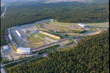 Aerial view of Pit lane at the Motodrom Hockenheimring Baden-Württemberg in Hockenheim in the state Baden-Wuerttemberg, Germany