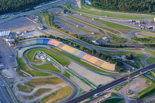 Aerial view of Main grandstand of the Hockenheimring Baden-Württemberg in Hockenheim in the state Baden-Wuerttemberg, Germany