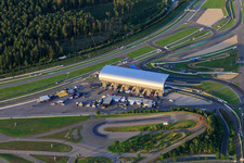 Aerial photograpy of East grandstand of the Motodrom Hockenheimring Baden-Württemberg in Hockenheim in the state Baden-Wuerttemberg, Germany