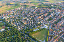 Aerial view of View from the northeast with volunteer fire department Hockenheim and Schmitt vegetable farm at the P1 parking lot of the Hockenheimring in Hockenheim in the state Baden-Wuerttemberg, Germany