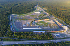 Aerial view of Overview from the west beyond the A6 of the Hockenheimring Baden-Württemberg in Hockenheim in the state Baden-Wuerttemberg, Germany
