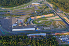 Oblique view of Overview from the west beyond the A6 of the Hockenheimring Baden-Württemberg in Hockenheim in the state Baden-Wuerttemberg, Germany