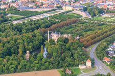 Aerial view of Mercury Temple and Mosque in the Schwetzingen Palace Gardens in Schwetzingen in the state Baden-Wuerttemberg, Germany