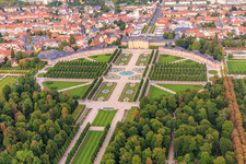 Aerial photograpy of Arion fountain in the center of the Schwetzingen Palace Gardens and deer group - sculptures with fountain in Schwetzingen in the state Baden-Wuerttemberg, Germany