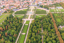 Arion fountain in the center of the Schwetzingen Palace Gardens and deer group - sculptures with fountain in Schwetzingen in the state Baden-Wuerttemberg, Germany from above