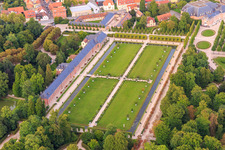 Aerial view of Orangery and lawn in the Schwetzingen Palace Gardens in Schwetzingen in the state Baden-Wuerttemberg, Germany