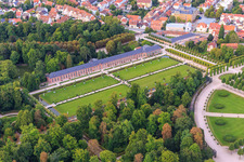 Aerial photograpy of Orangery and lawn in the Schwetzingen Palace Gardens in Schwetzingen in the state Baden-Wuerttemberg, Germany
