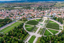 Aerial view of Building complex in the park of the castle Schloss Schwetzingen Mittelbau in Schwetzingen in the state Baden-Wurttemberg, Germany