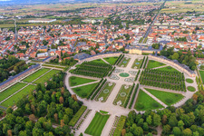 Arion fountain in the center of the Schwetzingen Palace Gardens and deer group - sculptures with fountain in Schwetzingen in the state Baden-Wuerttemberg, Germany seen from above