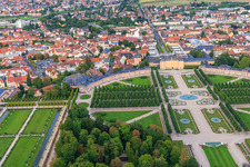 Arion fountain in the center of the Schwetzingen Palace Gardens and deer group - sculptures with fountain in Schwetzingen in the state Baden-Wuerttemberg, Germany from the plane