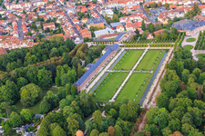 Oblique view of Orangery and lawn in the Schwetzingen Palace Gardens in Schwetzingen in the state Baden-Wuerttemberg, Germany