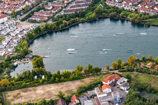 Aerial view of Waterskiing and wakeboarding facility on Lake Rheinau in the district Rheinau in Mannheim in the state Baden-Wuerttemberg, Germany