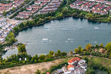 Aerial photograpy of Waterskiing and wakeboarding facility on Lake Rheinau in the district Rheinau in Mannheim in the state Baden-Wuerttemberg, Germany