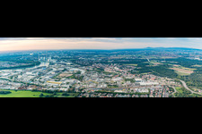 Panoramic perspective of Quays and boat moorings at the port of the inland port Rheinauhafen on Rhine in the district Rheinau in Mannheim in the state Baden-Wurttemberg, Germany