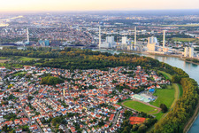 View of the town opposite the GKM on the banks of the Rhine from the south in Altrip in the state Rhineland-Palatinate, Germany