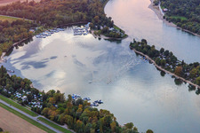 Aerial view of Kiefweiher on the Rhine at sunset with Sportboot-Club Ludwigshafen/Rhein and MCP Yacht Club and Restaurant Ludwigshafen in the district Rheingönheim in Ludwigshafen am Rhein in the state Rhineland-Palatinate, Germany