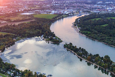 Aerial photograpy of Kiefweiher on the Rhine at sunset with Sportboot-Club Ludwigshafen/Rhein and MCP Yacht Club and Restaurant Ludwigshafen in the district Rheingönheim in Ludwigshafen am Rhein in the state Rhineland-Palatinate, Germany