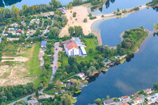 Aerial view of Local recreation area Blaue Adria with campsite, beach and Hotel Darstein at the Adriaweher in Altrip in the state Rhineland-Palatinate, Germany