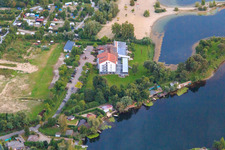 Aerial photograpy of Local recreation area Blaue Adria with campsite, beach and Hotel Darstein at the Adriaweher in Altrip in the state Rhineland-Palatinate, Germany