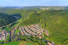 Aerial view of Bangeltstraße and canal from the Fridingen hydroelectric power station in Fridingen an der Donau in the state Baden-Wuerttemberg, Germany