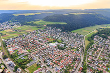 Overview of the town from the east with indoor swimming pool Mühlheim and secondary school Mühlheim ad Donau in Mühlheim an der Donau in the state Baden-Wuerttemberg, Germany