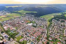 Aerial view of Overview of the town from the east with indoor swimming pool Mühlheim and secondary school Mühlheim ad Donau in Mühlheim an der Donau in the state Baden-Wuerttemberg, Germany