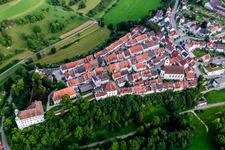 Aerial view of Church building in Old Town- center of downtown in Muehlheim an der Donau in the state Baden-Wurttemberg, Germany