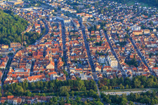 Aerial view of Old town beyond the Main river below the Honberg ruins with the Evangelical City Church in Tuttlingen in the state Baden-Wuerttemberg, Germany