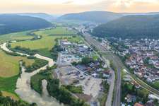 Aerial view of Donaupark and business park between the Danube and the freight station with Lucioan Ferraro natural stone trading, Nino Ferraro container service and Neumann metal technology in Immendingen in the state Baden-Wuerttemberg, Germany