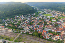 View of the town from the south with Hector Children's Academy Immendingen in the Upper Castle in front of the sports field at the Donauhalle in Immendingen in the state Baden-Wuerttemberg, Germany