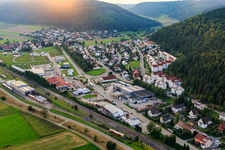 Aerial photograpy of View of the town in the evening from the east with Knoblauch GmbH in the district Zimmern in Immendingen in the state Baden-Wuerttemberg, Germany