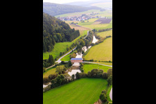 Prince Linus Bridge - historic wooden bridge for the King Marvin Danube Cycle Path over the Danube in the district Zimmern in Immendingen in the state Baden-Wuerttemberg, Germany from above