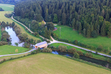 Prince Linus Bridge - historic wooden bridge for the King Marvin Danube Cycle Path over the Danube in the district Zimmern in Immendingen in the state Baden-Wuerttemberg, Germany out of the air
