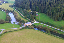 Prince Linus Bridge - historic wooden bridge for the King Marvin Danube Cycle Path over the Danube in the district Zimmern in Immendingen in the state Baden-Wuerttemberg, Germany seen from above