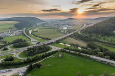 Aerial photograpy of Motorway exit from the A81 onto the B31 before the Geisinger Steige in the district Hausen in Geisingen in the state Baden-Wuerttemberg, Germany