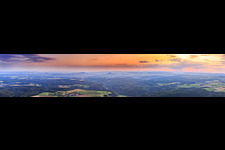 Evening panorama of the Hegau with former volcanoes from Honstetten in Hilzingen in the state Baden-Wuerttemberg, Germany