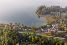 Aerial view of Schachenhorn campsite in the district Ludwigshafen in Bodman-Ludwigshafen in the state Baden-Wuerttemberg, Germany