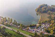 Aerial photograpy of Schachenhorn campsite in the district Ludwigshafen in Bodman-Ludwigshafen in the state Baden-Wuerttemberg, Germany