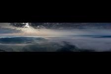 Panorama perspective of ground-fog formation at sunrise on lake of Constance in the district Stahringen in Radolfzell am Bodensee in the state Baden-Wurttemberg, Germany