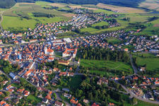 View of the town from the north with castle Meßkirch and church of St. Martin in Meßkirch in the state Baden-Wuerttemberg, Germany