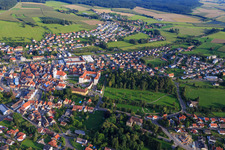 Aerial view of View of the town from the north with castle Meßkirch and church of St. Martin in Meßkirch in the state Baden-Wuerttemberg, Germany