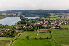 Aerial photograpy of Village on the lake bank areas of Lake fo Ruschweiler and Volz in Ruschweiler in the state Baden-Wurttemberg, Germany