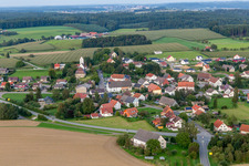 Aerial photograpy of Village - view on the edge of agricultural fields and farmland in Sentenhart in the state Baden-Wurttemberg, Germany