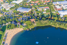 Beach of the bathing lake Bensheim in the evening in Bensheim in the state Hesse, Germany from above