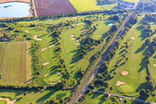 Aerial view of Railway line cuts through the golf course of Golf-Club Bensheim eV in Bensheim in the state Hesse, Germany