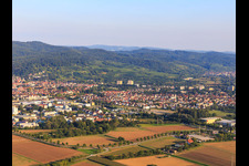 City view on the edge of the Odenwald from the west in Heppenheim in the state Hesse, Germany from above