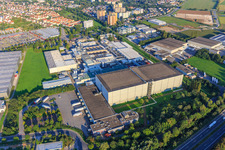 Aerial view of Industrial area on the A5 with TLB - UNILEVER and Unilever Deutschland GmbH plant Heppenheim in Heppenheim in the state Hesse, Germany