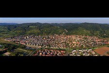 City panorama on the edge of the Odenwald from the west in Laudenbach in the state Baden-Wuerttemberg, Germany